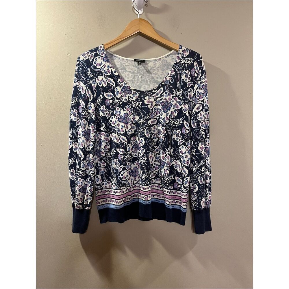 Talbots Navy Floral Scoop Neck Long Sleeve Tee